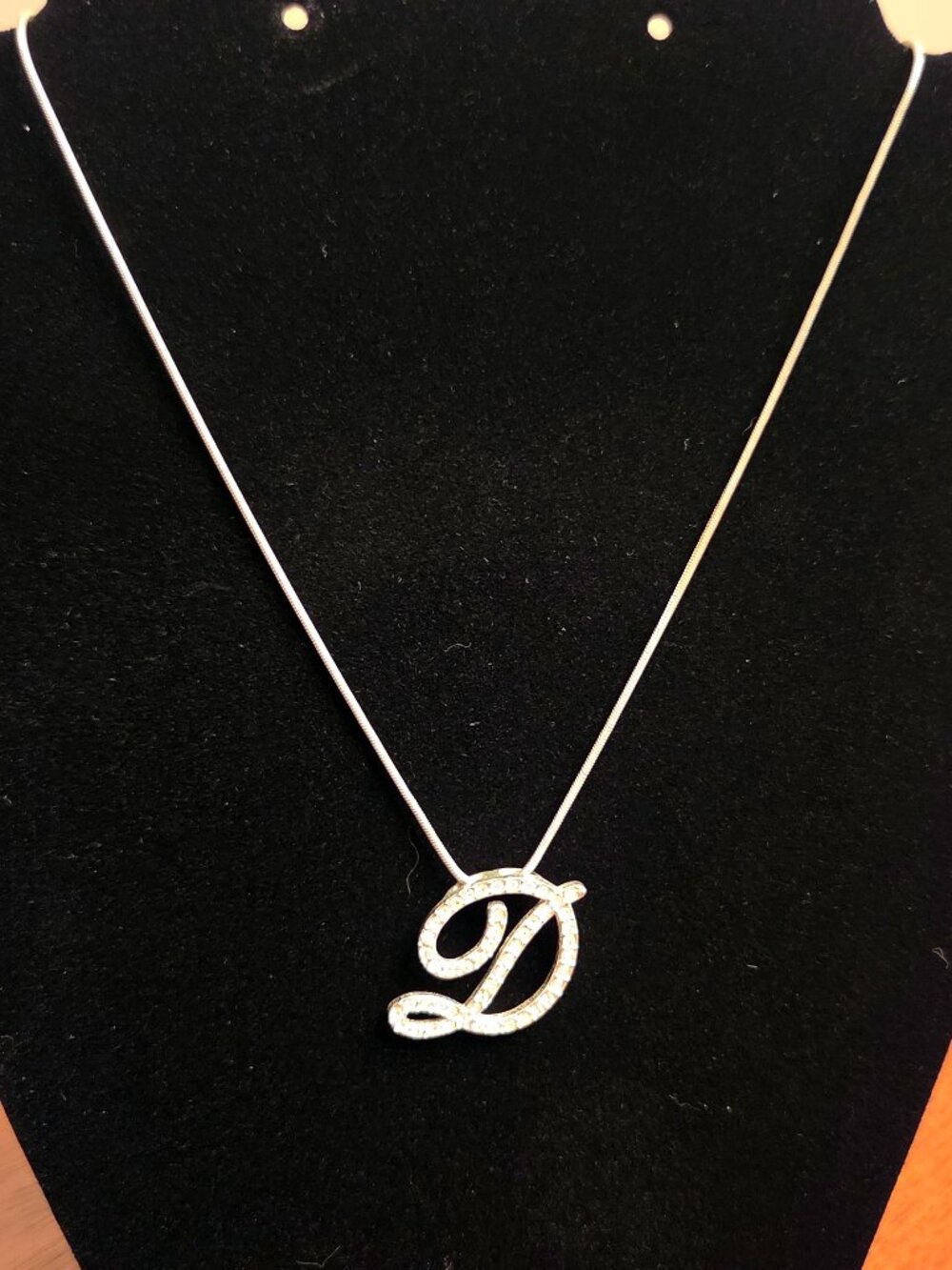 Silver-tone "D" Initial Necklace with Clear Rhinestone Crystals - EUC